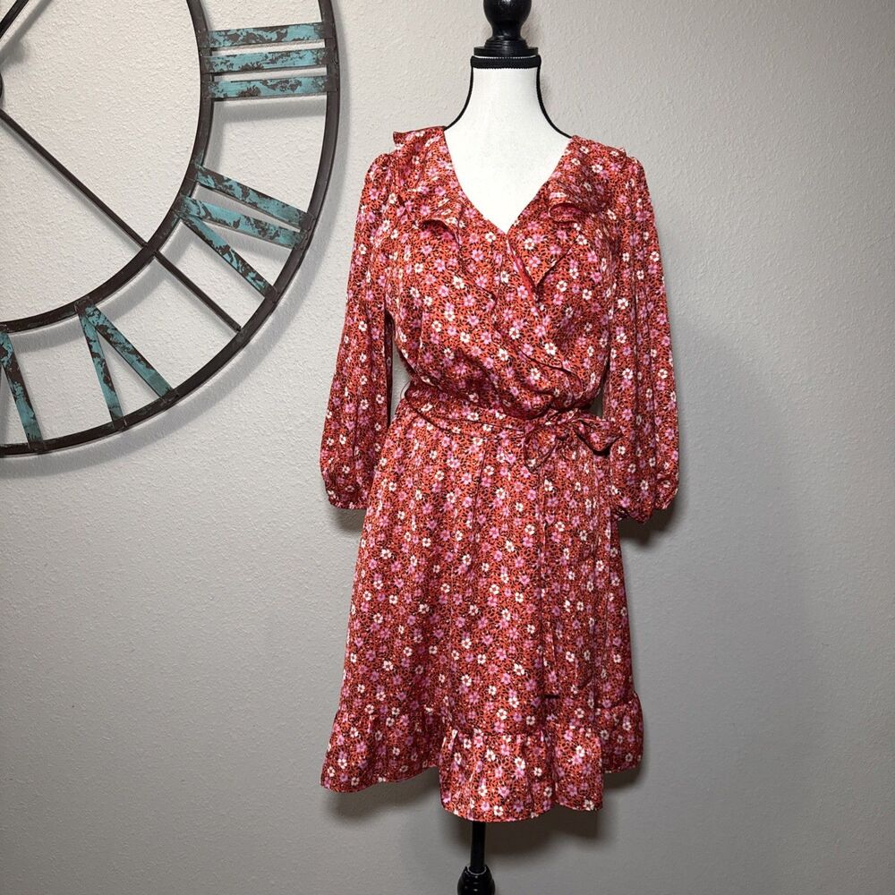 Ann Taylor Dress 12 NWT Orange Floral Long Sleeve Ruffle Neck & Hem